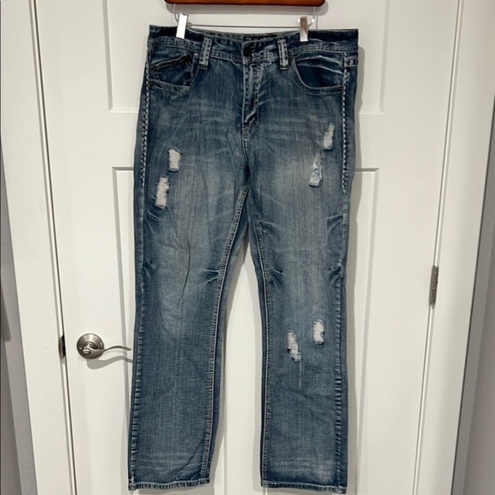 Black Premium Distressed Relaxed  Straight Jeans Sz 34/34